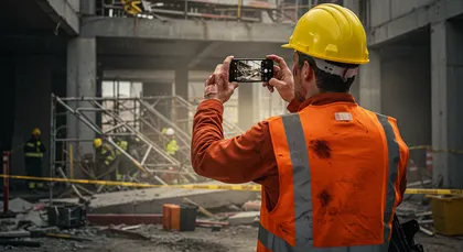 Un trabajador de la construcción documenta el lugar del accidente con su móvil entre los escombros y los andamios dañados