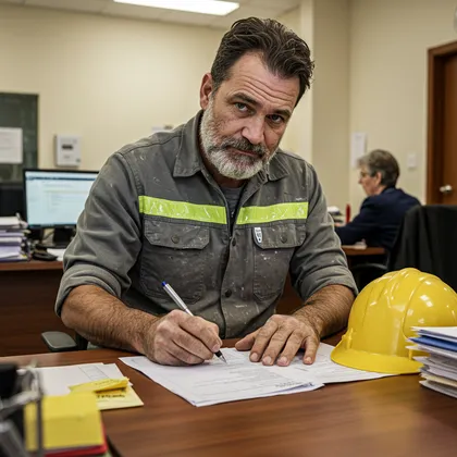 Un trabajador de la construcción que tramita la documentación para una reclamación por accidente laboral antes de que venza el plazo legal