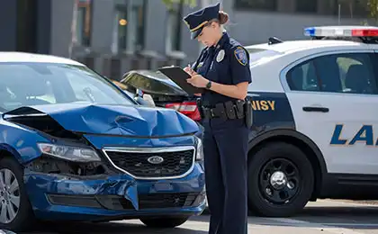 Una agente de policía redactando un atestado tras un accidente de tráfico