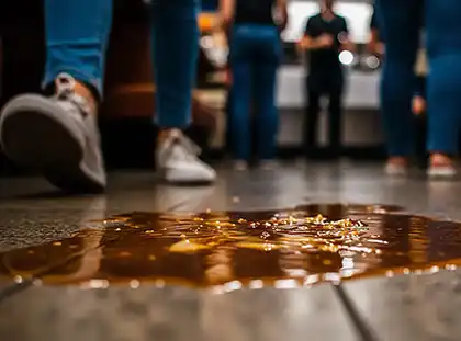 Una bebida derramada en el suelo del restaurante puede provocar resbalones y caídas