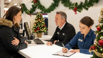 Una clienta en el mostrador de atención al cliente con dos empleados de la tienda, rodeada de guirnaldas y árboles navideños