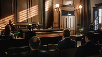 Una escena en el tribunal con fiscales y abogados defensores