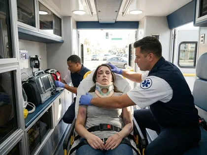 Una mujer herida recibe asistencia médica en una ambulancia tras un accidente de tráfico en un cruce