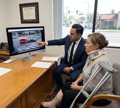 Una mujer lesionada, con un collarín y una escayola en la pierna, sentada en un despacho de abogados hablando de un accidente de coche con su abogado