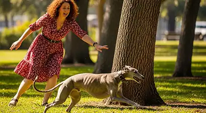 Una mujer persigue a un perro que corre por un parque y parece preocupada mientras el perro corre sin correa