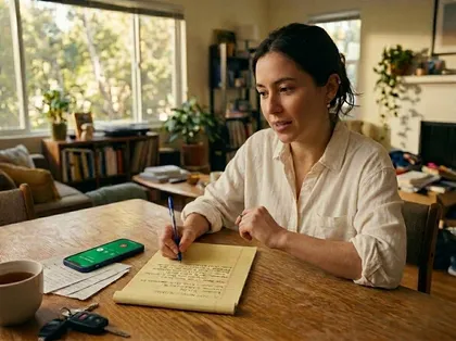 Una mujer que toma notas en su casa mientras revisa un caso de lesiones personales, con el teléfono y los documentos sobre la mesa