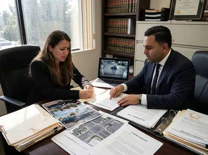 Una mujer revisa las imágenes de una cámara de tráfico junto a su abogado tras un accidente de tráfico