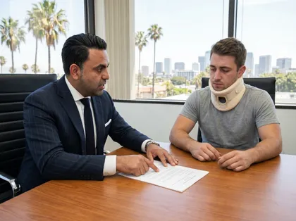 Una víctima lesionada consulta a un abogado especializado en daños personales de California sobre una reclamación por un accidente ocurrido en un estadio