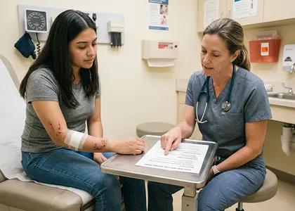 Víctima de una mordedura de perro que revisa las pruebas médicas para una reclamación al seguro en California