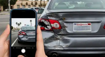 Víctima haciendo una foto de los daños del coche tras un accidente por alcance