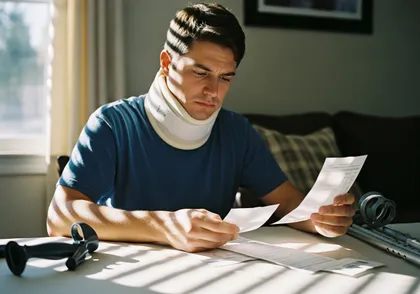 Víctima lesionada, con un collarín, revisando sus facturas médicas tras un accidente de coche