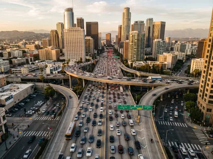 Vista aérea del cruce de autopistas del centro de Los Ángeles, con mucho tráfico en hora punta