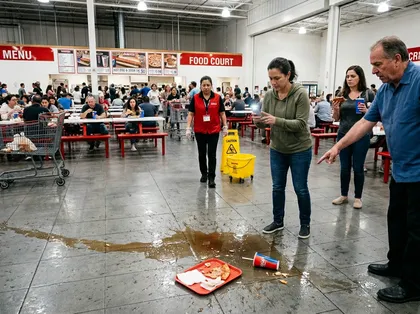 Woman photographing spilled liquid after Costco food court slip and fall accident
