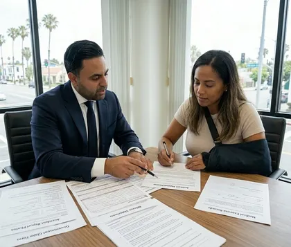 Woman with arm in sling signing legal documents with attorney in office