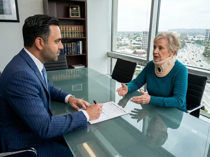 Woman with neck brace explaining her accident details to a lawyer seated across a glass table