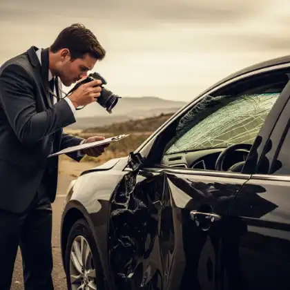 agente de seguros haciendo fotos y evaluando los daños del coche