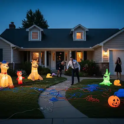 cables eléctricos sueltos de decoraciones hinchables esparcidos por el césped