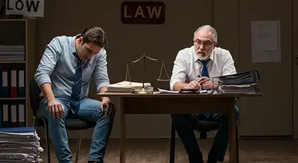 Un cliente frustrado se reúne con un abogado rodeado de documentos legales.