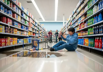 Cliente lesionado en un accidente por resbalón y caída en un supermercado, capturando pruebas con su teléfono.