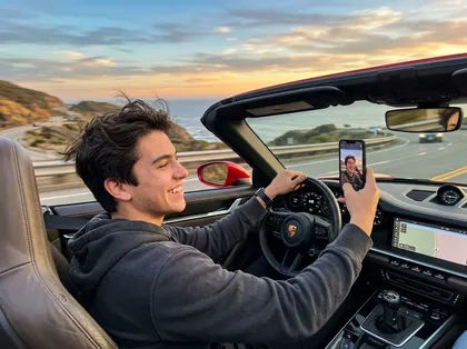 Conducción por una carretera costera: un conductor joven en un deportivo descapotable se graba a sí mismo con el teléfono.