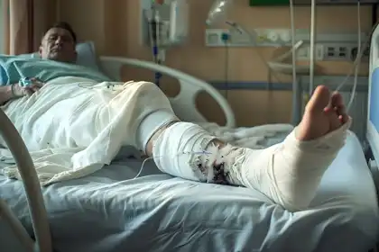 hombre con fractura de un hueso de la pierna causada por accidente de moto