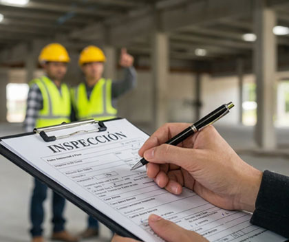 Inspectores de seguridad de la construcción realizando una inspección en el lugar.