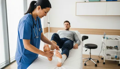 Médico tratando la lesión en el pie de un paciente tras un accidente por resbalón y caída en una clínica médica.