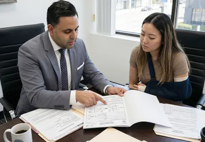 partially at fault minor car accident victim reviewing compensation claim with attorney