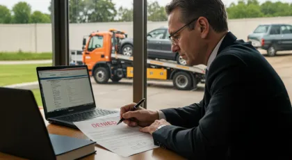 Un perito de seguros revisa una reclamación denegada con un vehículo remolcado de fondo.