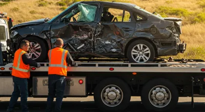 Vehículo dañado siendo cargado en una grúa tras un accidente con pérdida total.