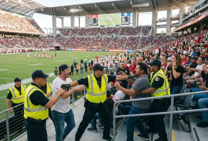 Una víctima de agresión en un estadio, que se encontraba en estado de embriaguez, está siendo inmovilizada por el personal de seguridad tras un altercado entre la multitud.