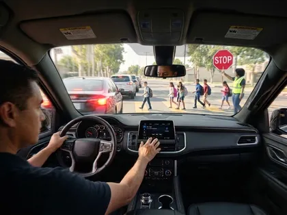 A distracted driver approaching a pedestrian crossing and risking a crosswalk accident