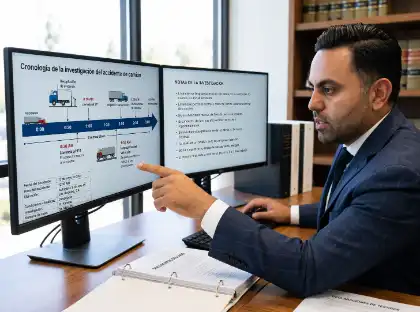 Abogado que analiza la cronología de la investigación de un accidente de camión durante la fase de presentación de pruebas.