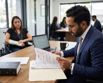 Abogado que examina documentos relacionados con una reclamación de seguro durante una consulta jurídica con un cliente lesionado que se está recuperando de un accidente