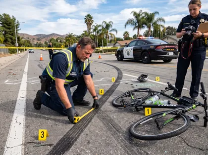 Accident investigator examining car and bicycle collision scene