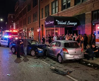 Accidente por conducción bajo los efectos del alcohol cerca de la entrada de un bar, con vehículos dañados, escombros esparcidos, luces de ambulancia y agentes investigando el siniestro