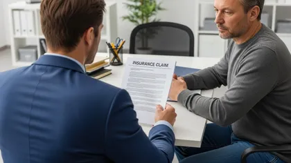 Agente de seguros revisando un documento de reclamación de seguro con un cliente durante una consulta