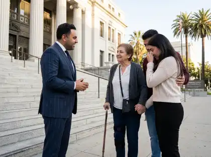 Attorney with injured client and family outside courthouse