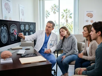 Brain injury evaluation showing a doctor reviewing MRI results with a patient experiencing neurological symptoms