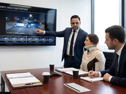 Car accident investigation consultation with attorneys analyzing dashboard camera footage