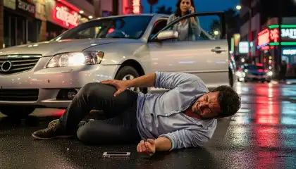 Car accident victim on wet roadway after a nighttime pedestrian collision