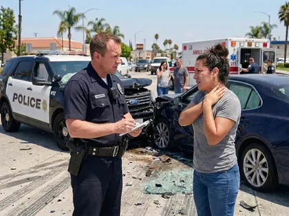 Car crash investigation with a police officer interviewing a driver after a roadway collision