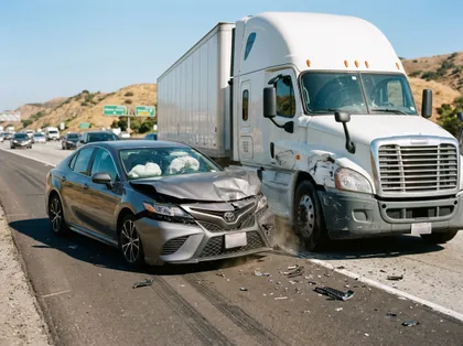 Commercial truck crash involving a tractor trailer and passenger vehicle with front-end damage
