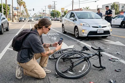 Cyclist documenting a hit-and-run bicycle accident for an uninsured motorist claim
