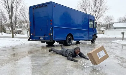 Delivery driver falling on an icy driveway beside a delivery truck