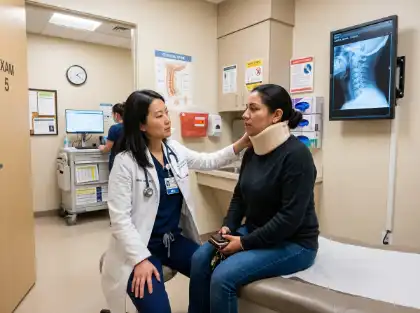 Doctor evaluates an accident victim with a neck injury during a medical examination