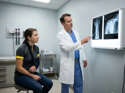Doctor reviewing X-rays with an injured cyclist after a bicycle accident