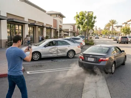Driver photographing damage after a parked car was hit in a parking lot accident