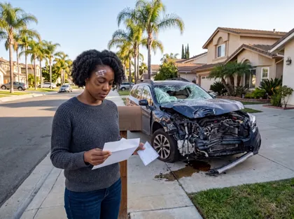 Driver reviewing a total-loss insurance check after a car accident