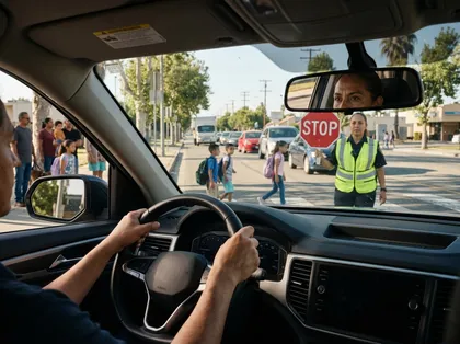 Driver stopping for a crossing guard at a pedestrian crosswalk